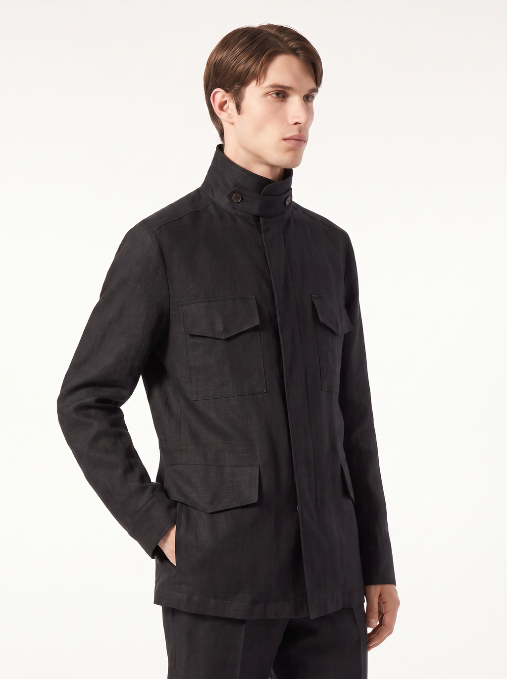Black Linen Traveller Field Jacket